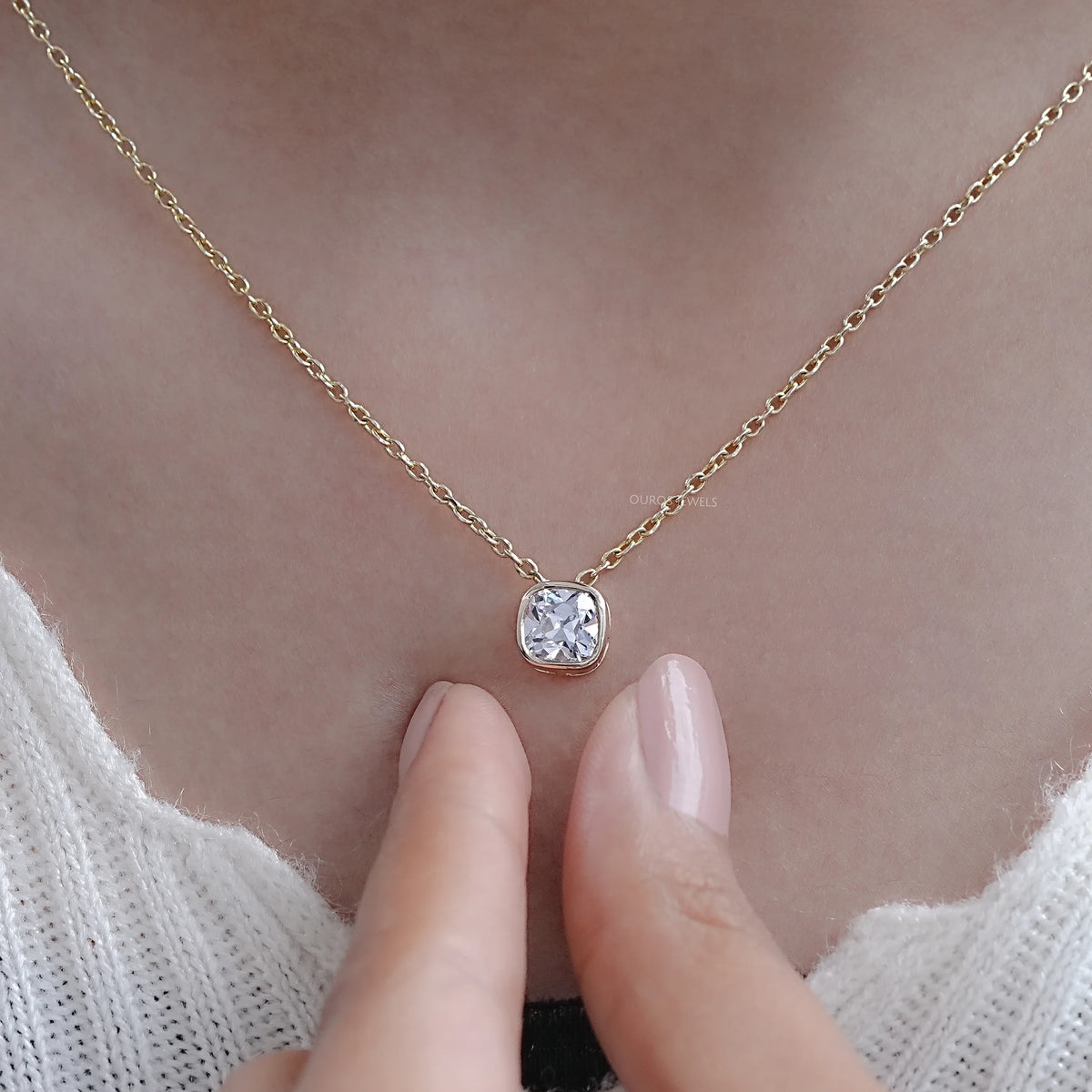 Square Old Mine Cushion Cut Bezel Solitaire Pendant Necklaces