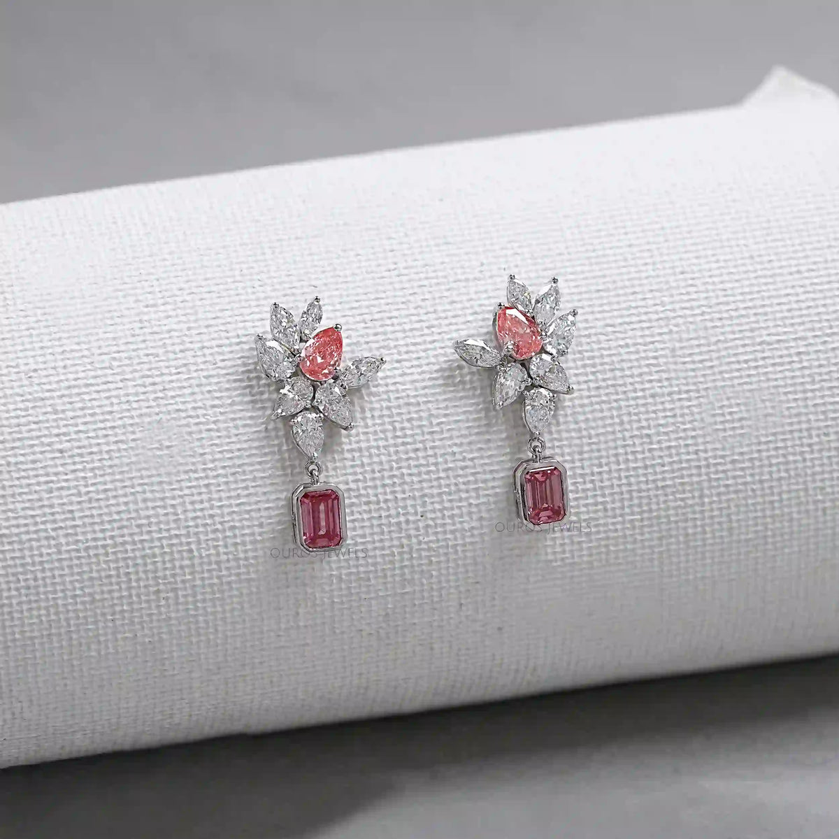 Cluster Drop Earrings With Pink & White Diamonds Earring