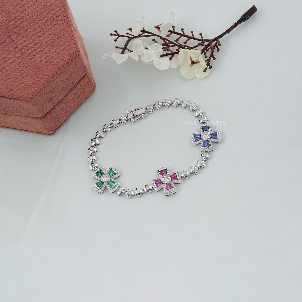 Multi Lab Gemstone And Diamond Flower Bracelet Bracelet