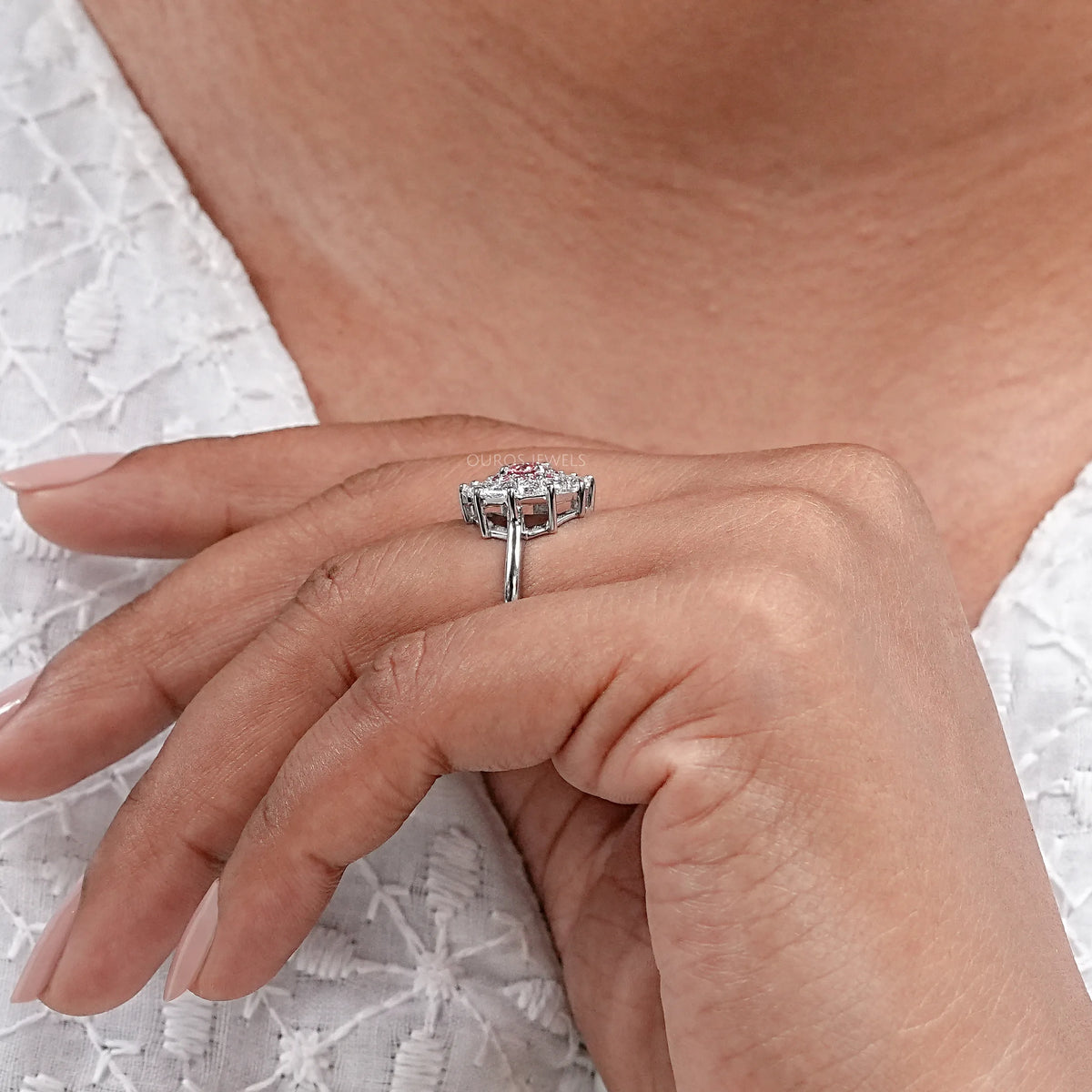 Pink Round Cut Halo Triangle Engagement Ring Rings