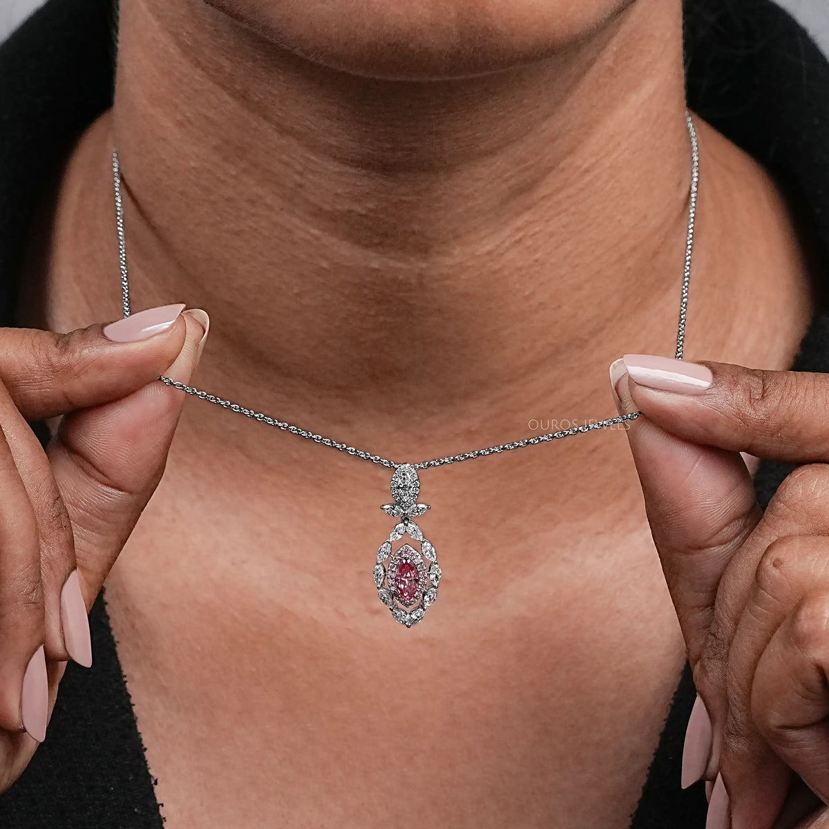 Pink Marquise Shape Double Halo Pendant Necklaces