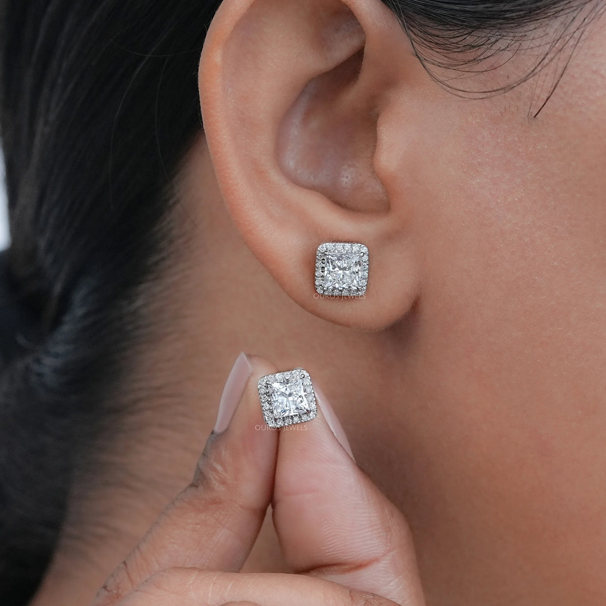 Lab Princess Diamond Halo Stud Earrings Earring