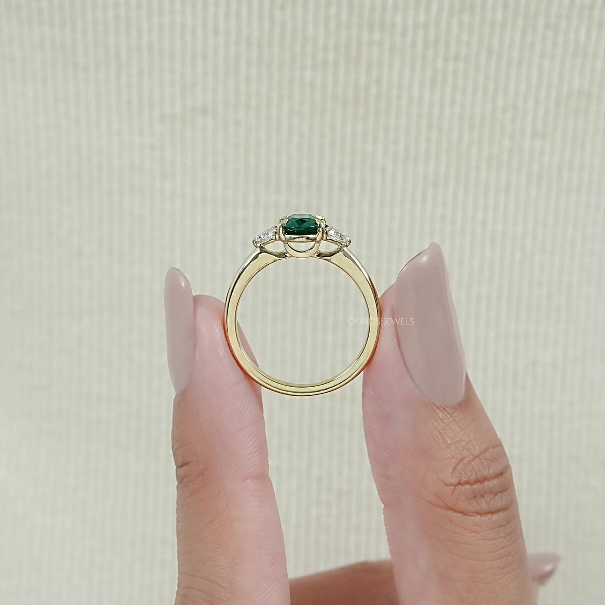 Trilogy Zambian Green Oval Gemstone And Trillion Cut Ring Ring