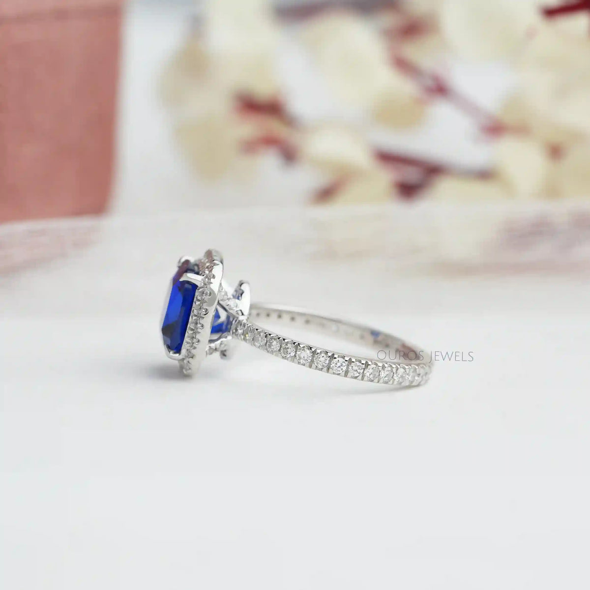Blue Cushion Cut Halo Diamond Engagement Ring