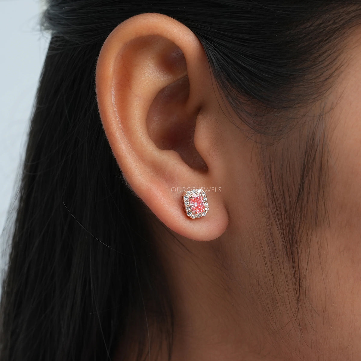 Pink Radiant Cut Halo Stud Earrings Earring