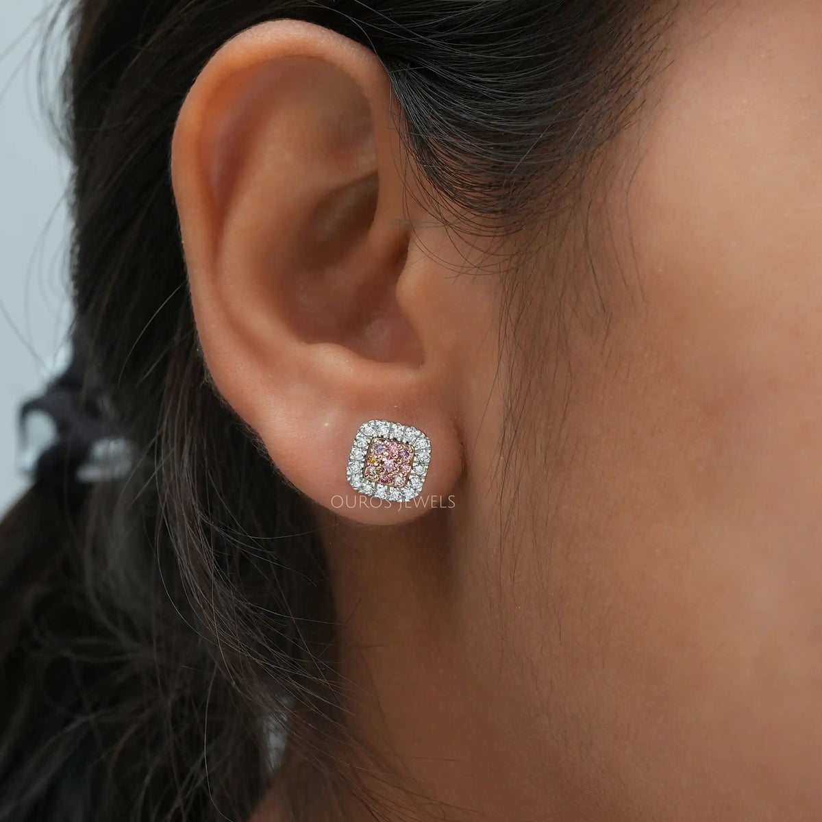 Pink Round Cut Lab Grown Diamond Halo Stud Earrings Earrings