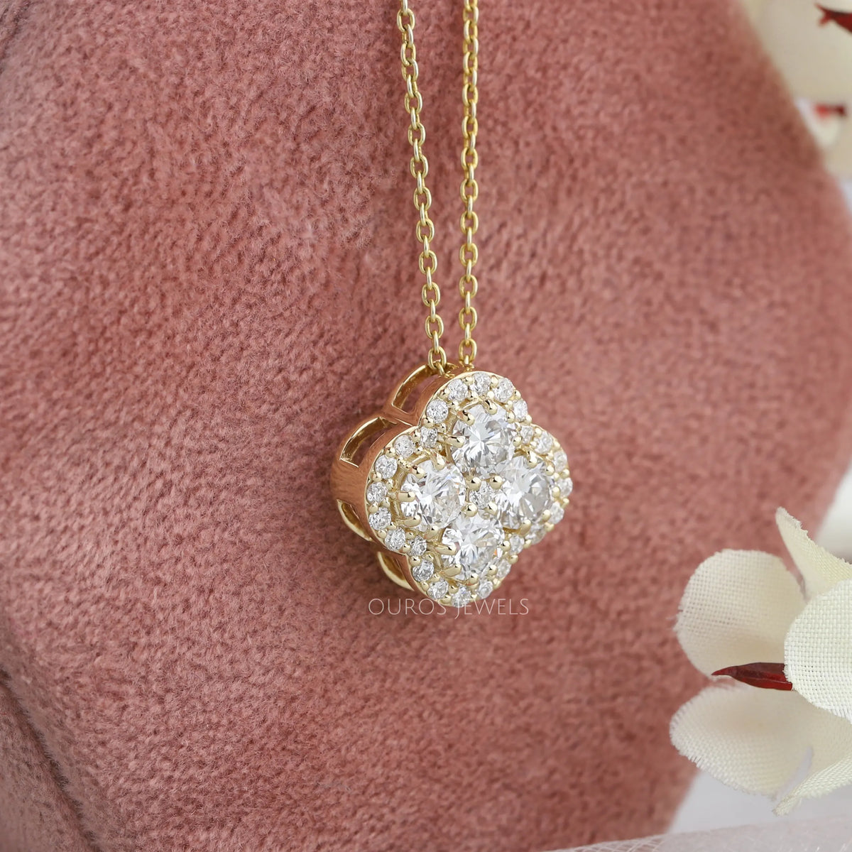 Flower Shape Round Cut Diamond Halo Pendant Necklaces