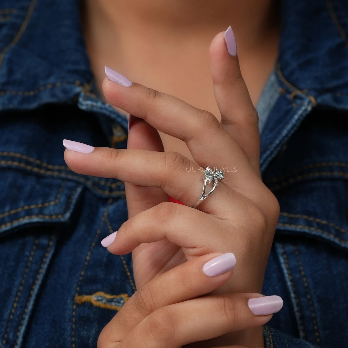 Green Princess Shape Lab Diamond Dainty Ring