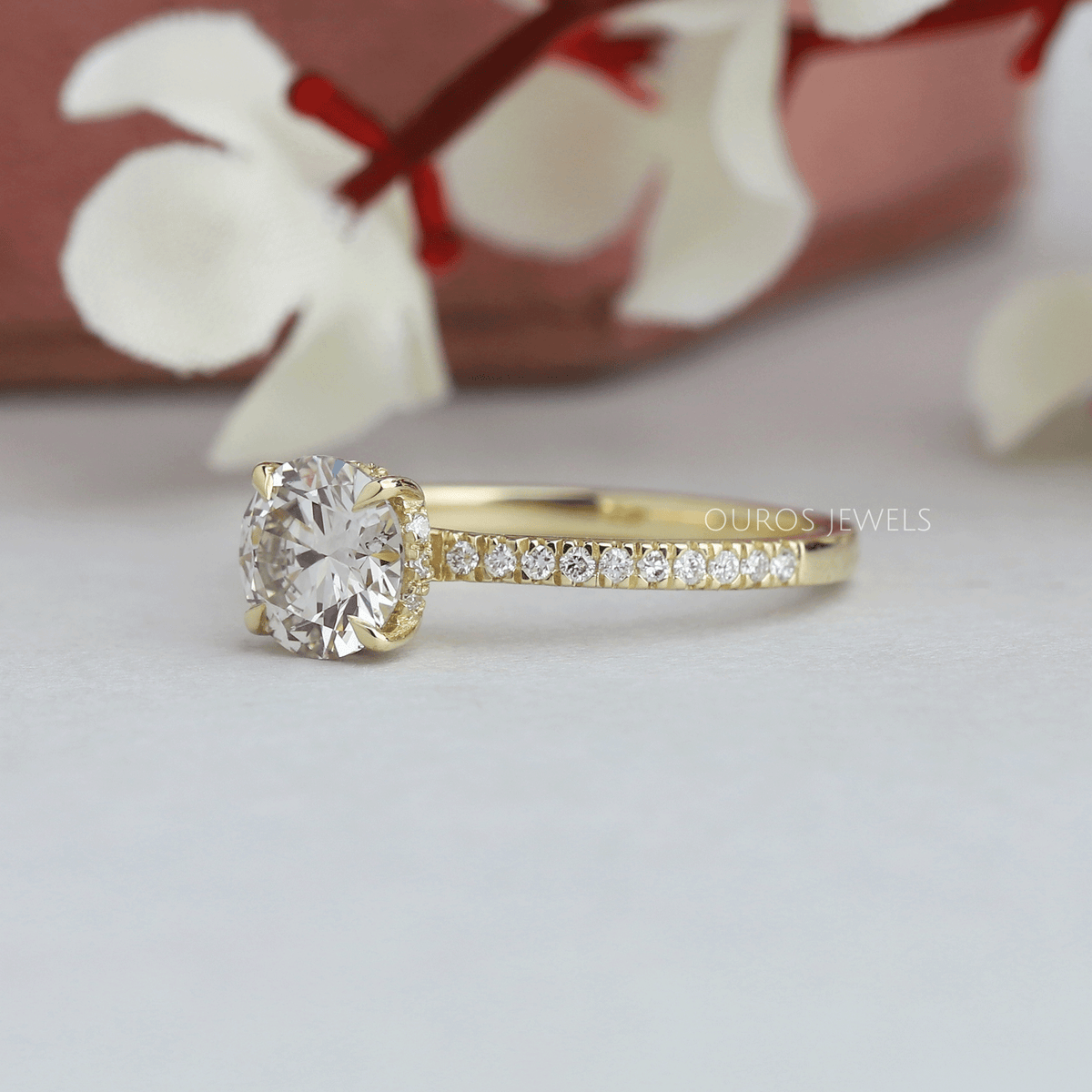 Round Cut Hidden Halo Solitaire Accent Engagement Ring Ring