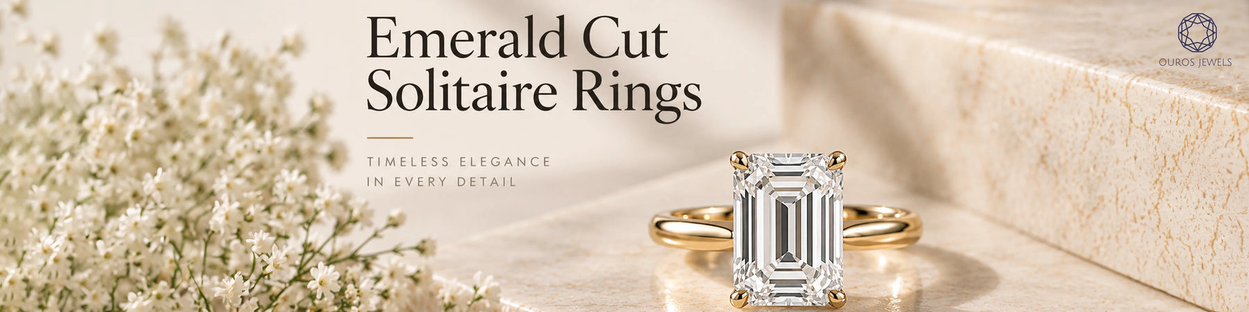 Emerald cut diamond solitaire engagement ring guide showing an elegant step cut lab grown diamond set on a polished yellow gold ring setting