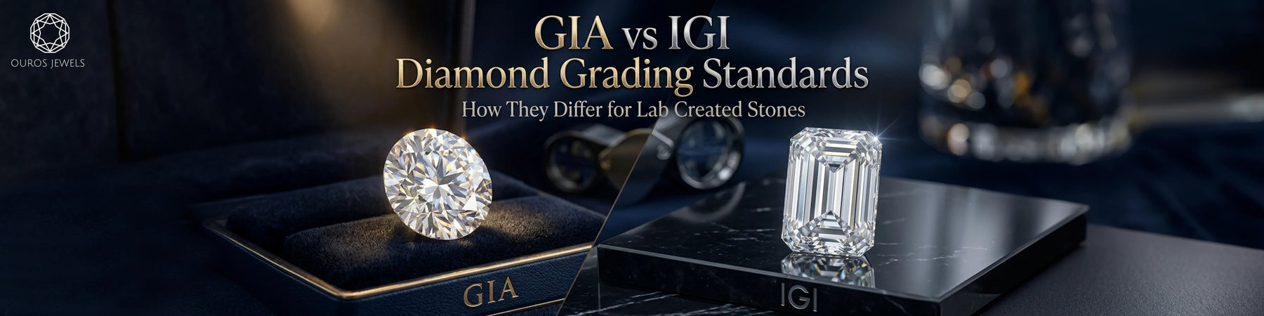 GIA vs IGI lab grown diamond grading standards showing a brilliant round cut diamond in a box and an emerald cut diamond on a display stand graphic
