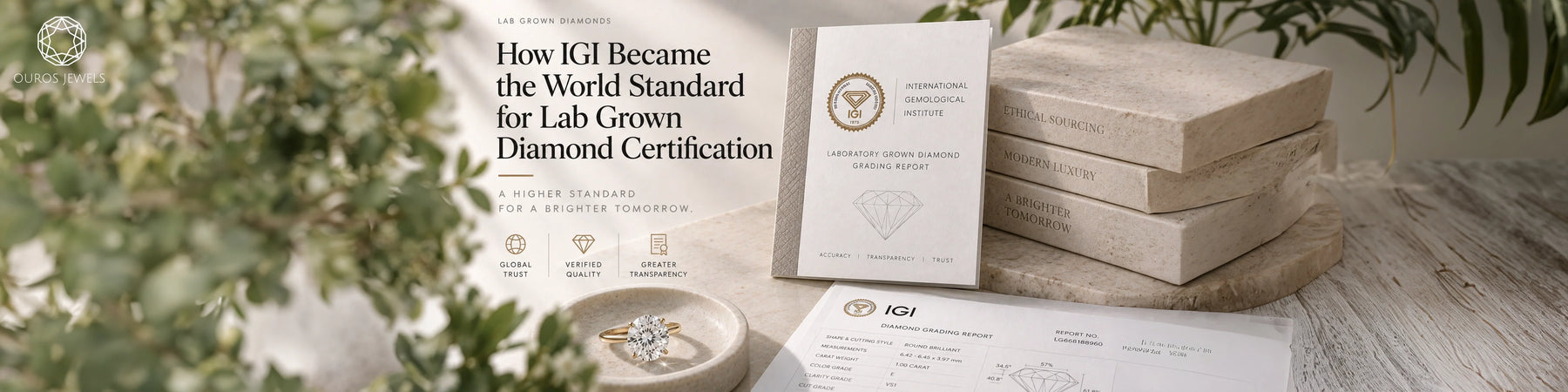 IGI lab grown diamond certification standard guide showing a round cut solitaire diamond ring with IGI report and global trust transparency icons