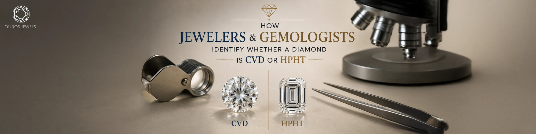 How gemologists identify CVD vs HPHT lab grown diamonds using round cut and emerald cut diamonds with professional jeweler loupe and microscope tools