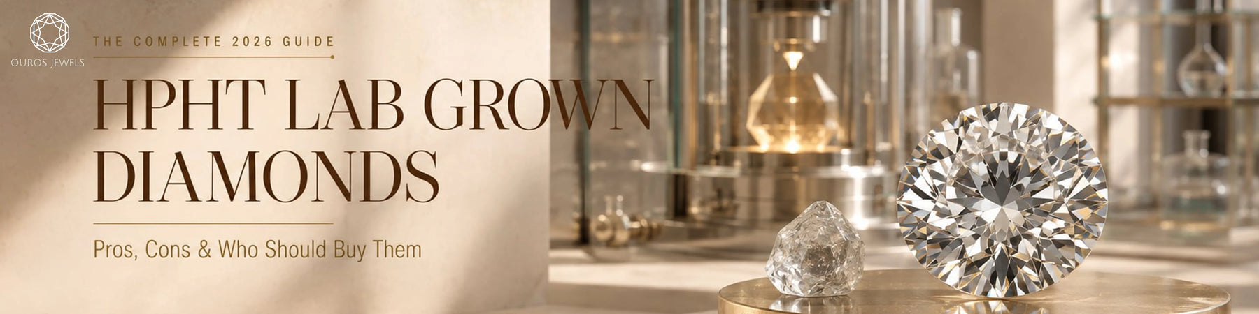 HPHT lab grown diamonds pros cons and who should buy them banner featuring a brilliant round diamond crystal with HPHT growth machine in background