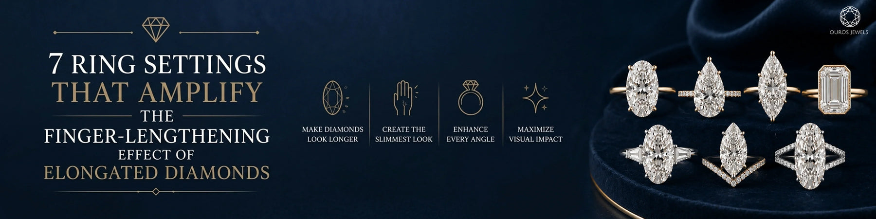 Elongated diamond engagement rings in seven settings displayed on a dark velvet jewelry tray with different ring designs
