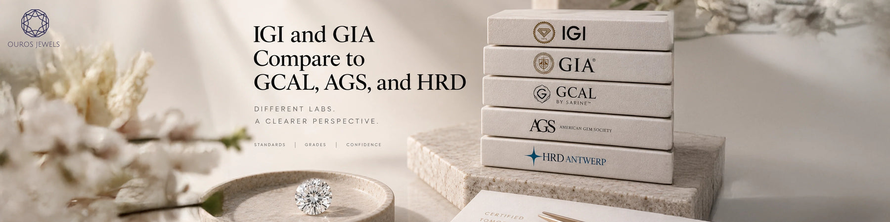 Diamond certification labs comparison banner showing a round brilliant cut diamond next to stacked IGI, GIA, GCAL, AGS, and HRD Antwerp grading reports