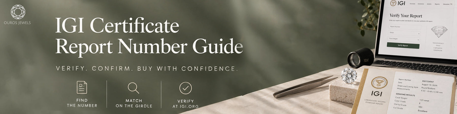 How to verify IGI diamond certificate report number guide showing a round brilliant cut diamond next to IGI grading report and laptop verification tool