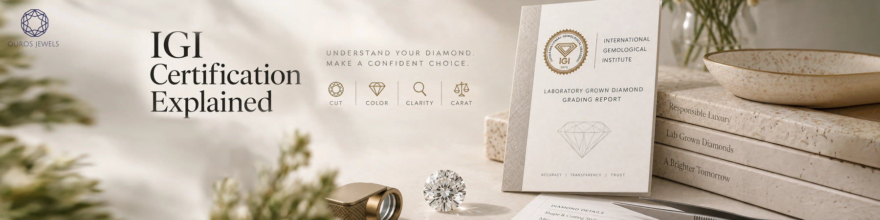 IGI certification guide showing a round brilliant cut lab grown diamond next to IGI grading report and 4Cs parameter icons for smart diamond buying