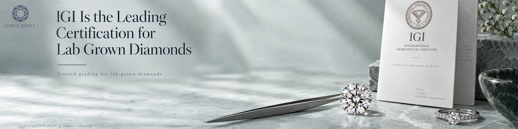 IGI diamond certification for lab grown diamonds showing a loose round brilliant cut diamond next to a diamond ring, tweezers, and IGI report