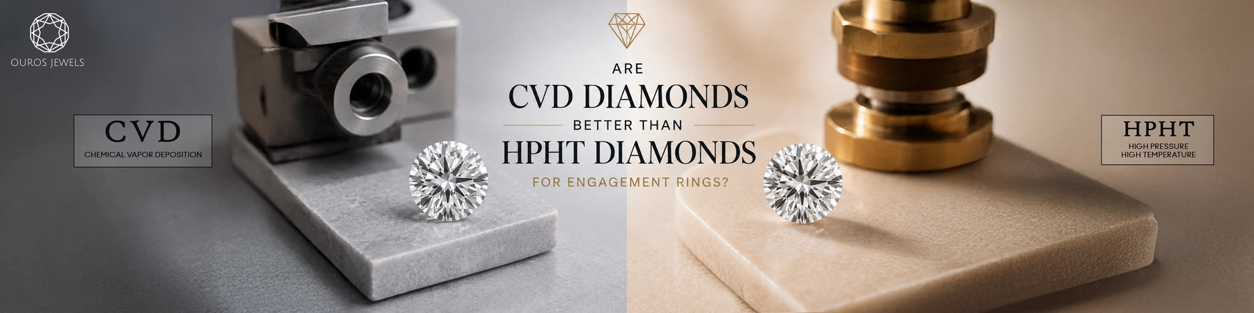 Split image comparing CVD and HPHT diamonds for engagement rings, featuring sparkling diamonds, laboratory equipment, and method labels.