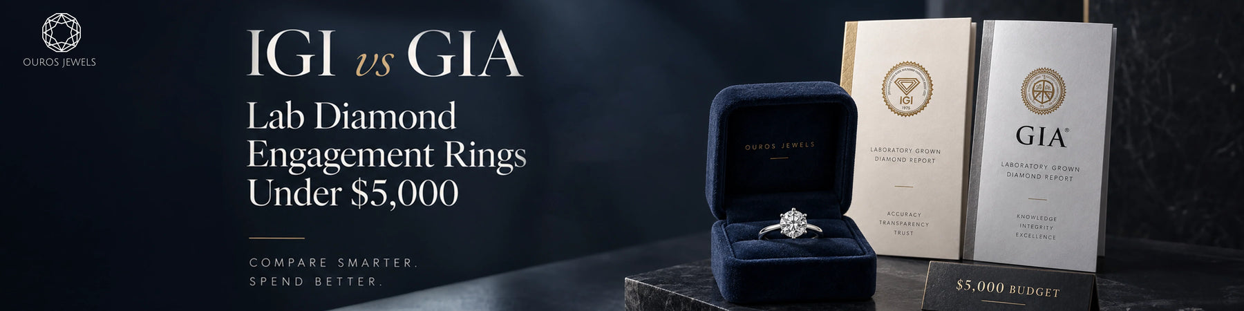 Comparing IGI vs GIA certification for lab grown diamond engagement rings under $5000 budget showing a round cut ring in box with grading booklets
