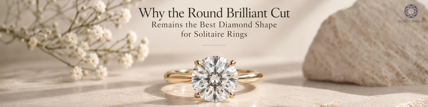 Round brilliant cut diamond solitaire engagement ring guide showing a classic four prong round lab grown diamond ring on yellow gold setting