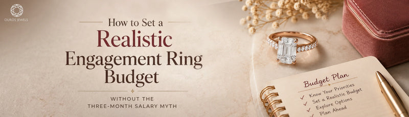 Engagement ring budget planning featuring a rectangular cut diamond ring, jewelry box and notebook with budget priorities and planning tips