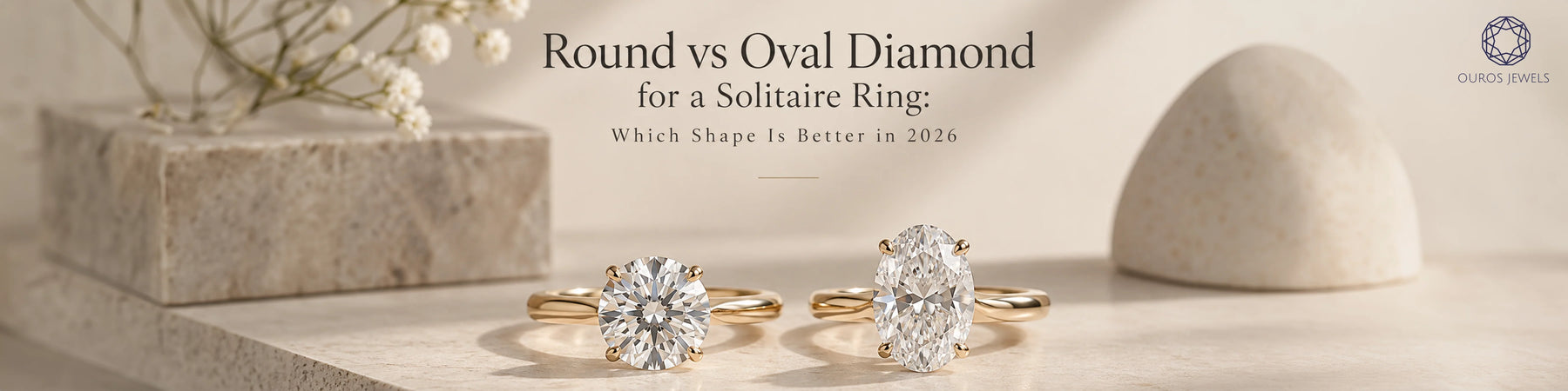 Which shape is better in 2026 guide displaying a round cut diamond solitaire ring next to an oval cut diamond solitaire engagement ring in yellow gold