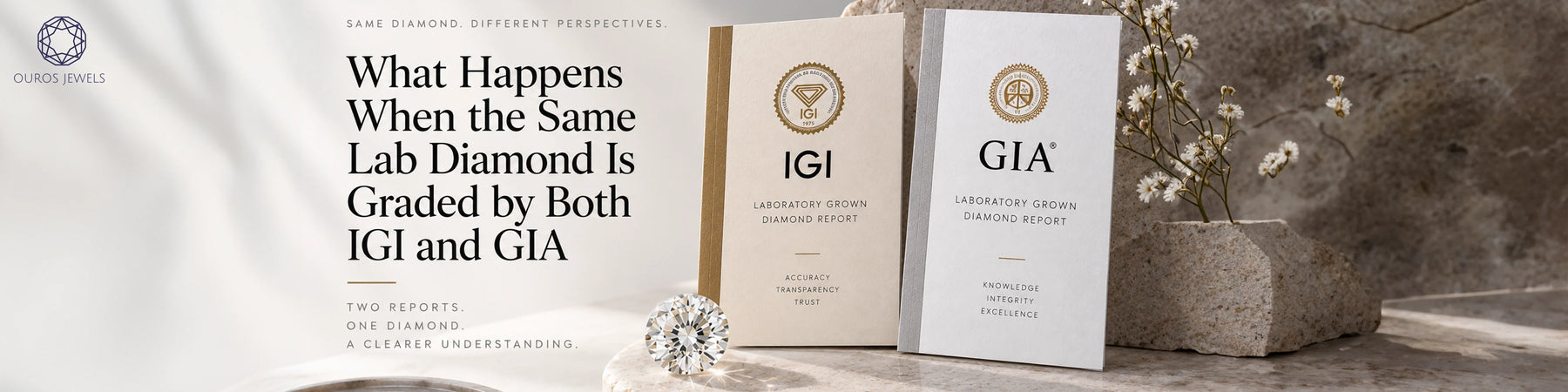 Comparing the same lab grown diamond graded by both IGI and GIA showing a loose round brilliant cut diamond alongside IGI and GIA grading report booklets