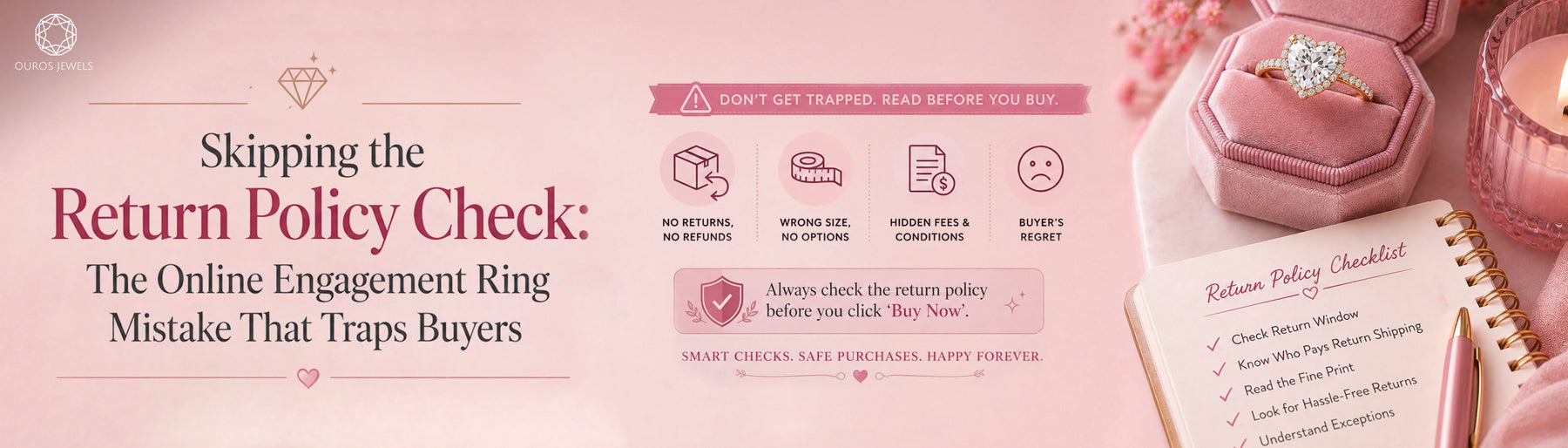 Heart-shaped diamond ring displayed in a pink box on a marble surface with a return policy checklist and flowers nearby.