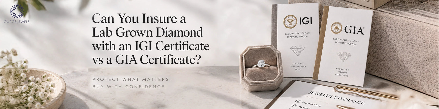 Velvet ring box holding a lab-grown diamond ring, beside IGI and GIA laboratory-grown diamond reports and a jewelry insurance document.