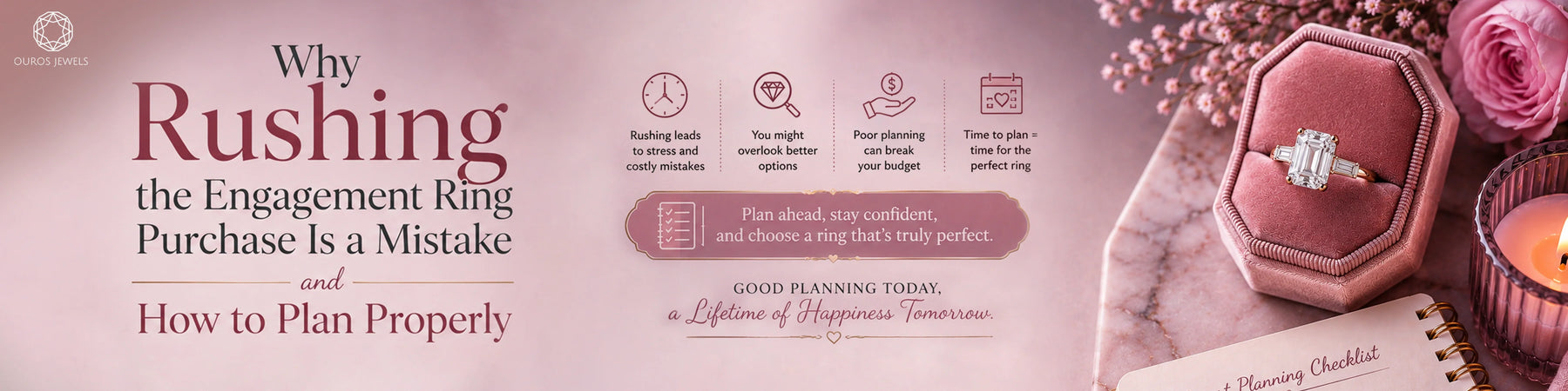 Emerald cut engagement ring in a pink velvet box beside a planning checklist and pen, showing the importance of planning before buying an engagement ring scene.