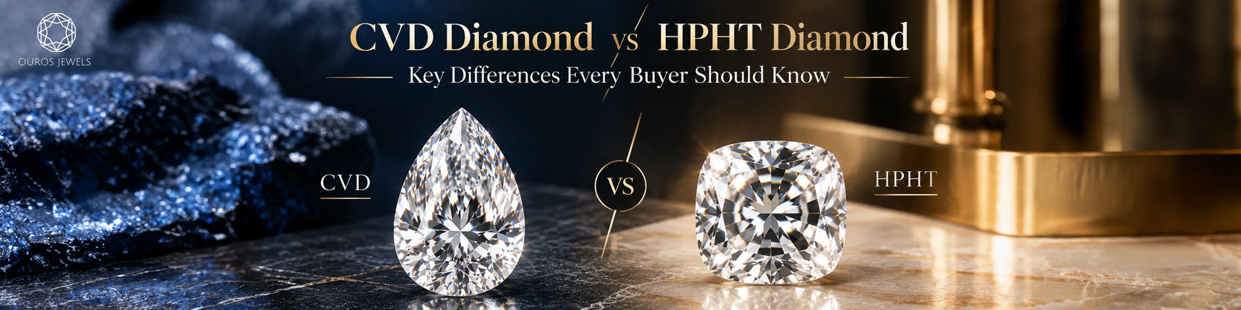 CVD and HPHT diamond comparison graphic featuring a pear-shaped CVD diamond and cushion-shaped HPHT diamond, with labels and buyer-focused text.