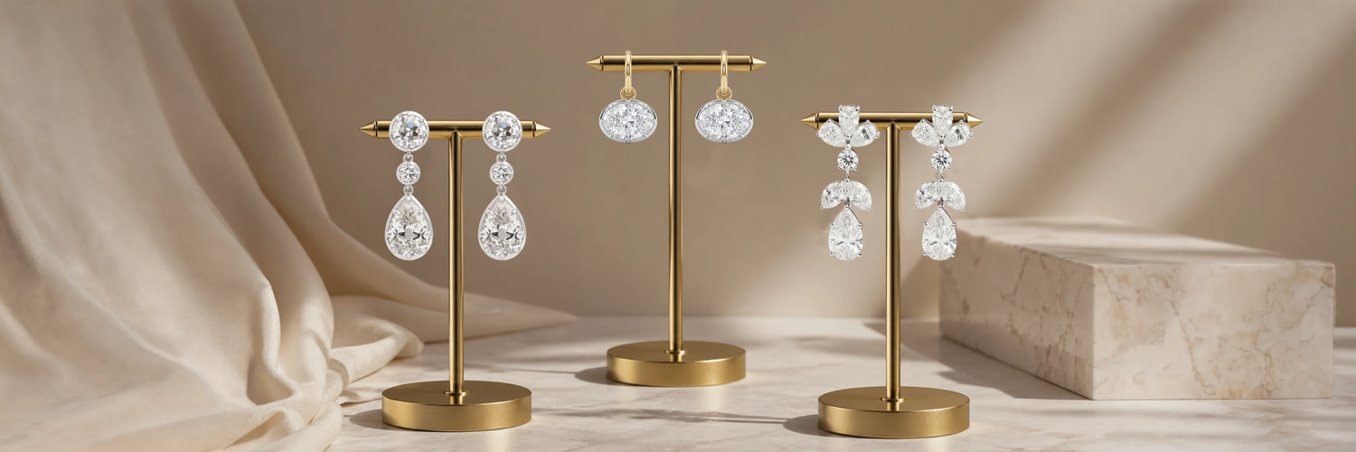 Three pairs of lab-grown diamond drop and dangle earrings on gold stands — round and pear three-stone drop earrings, bezel-set pear cut drop earrings, and marquise and pear cascade dangle earrings in white gold on marble surface