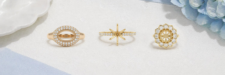 A luxurious custom-made semi-mount engagement ring set, featuring three rings in silver and gold metal tones, designed for a personalized touch