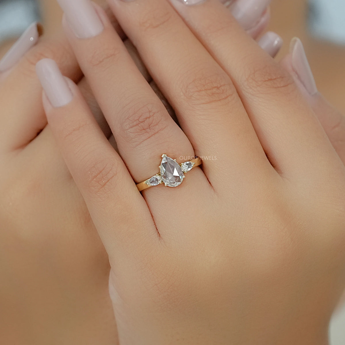 Three Stone Rose Cut Pear Diamond Engagement Ring