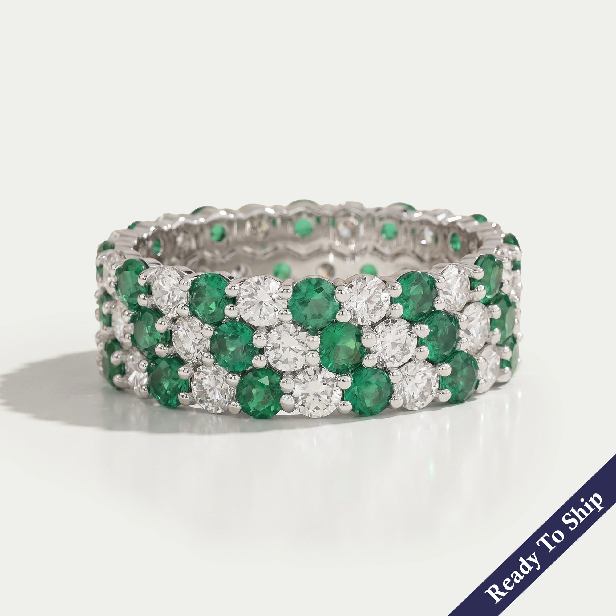 Three Row Emerald Gem And Diamond Wedding Band