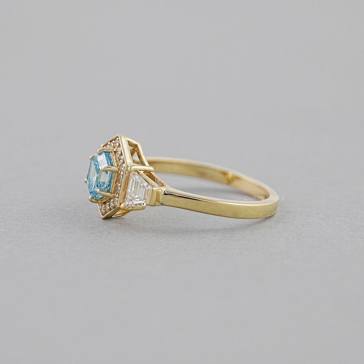 3 Stone Blue Hexagon Cut Halo Diamond Engagement Ring Ring