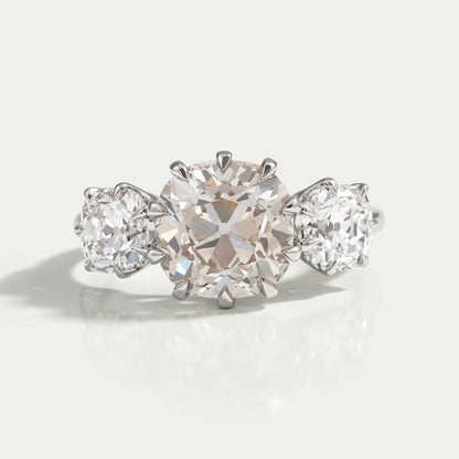 Tri Diamond Old Mine Cushion Cut Engagement Ring