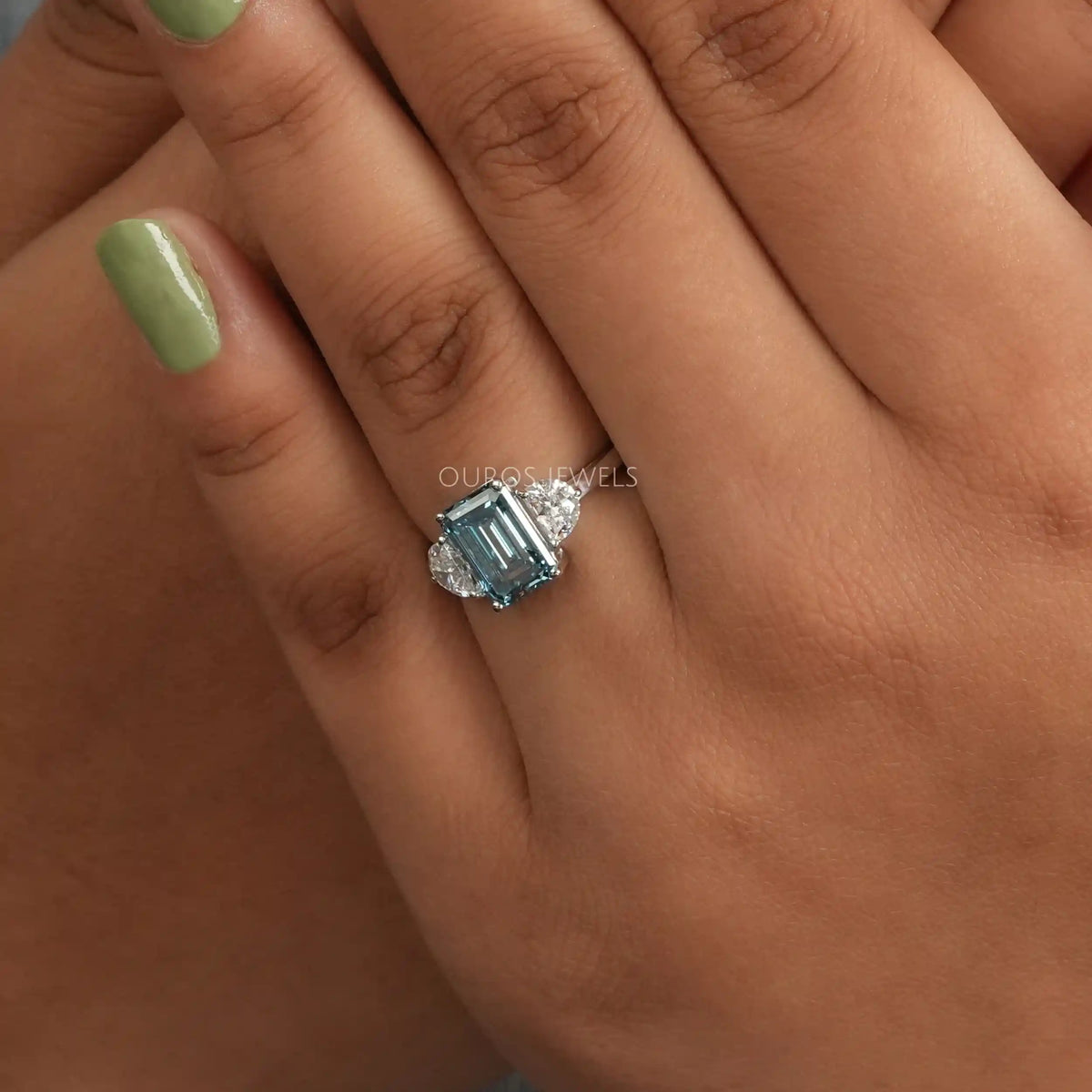 Blue Emerald Three Stone With Half Moon Cut Ring Ring