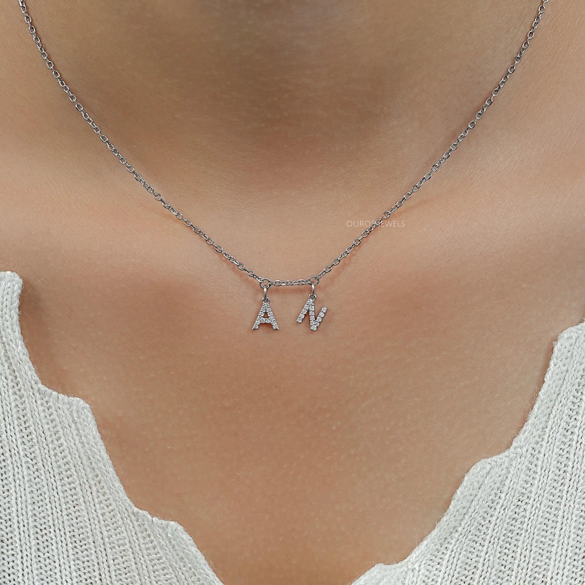 Round Diamond Customize AN Letter Charms Pendant Necklaces