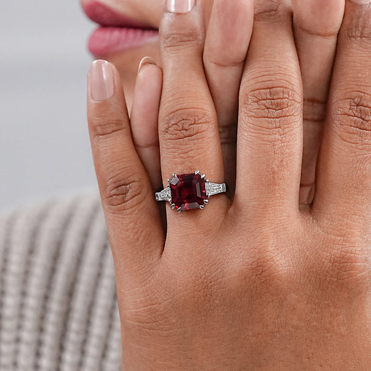Three Stone Ruby Asscher Gemstone Engagement Ring