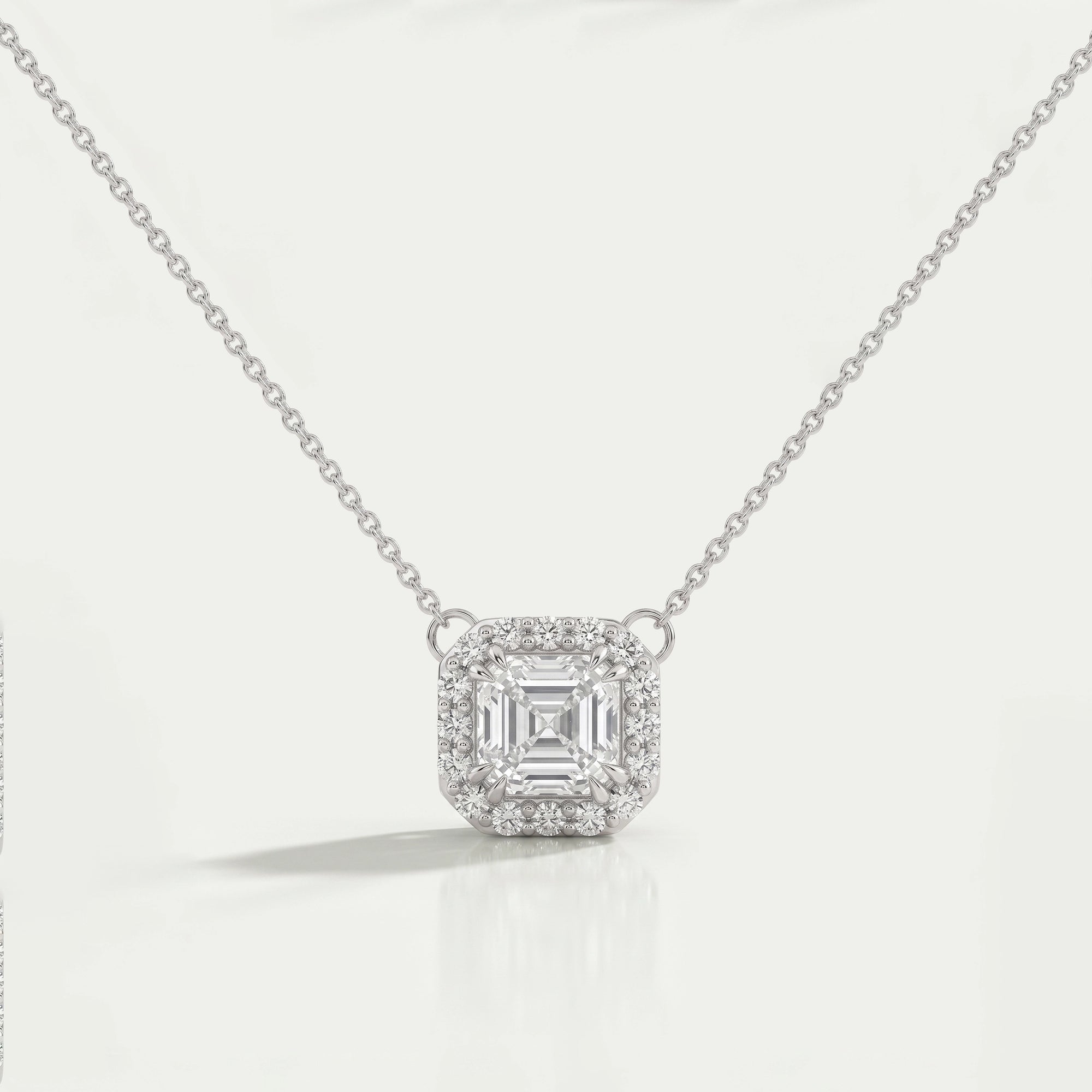 Asscher Cut Lab Diamond Halo Pendant Necklaces