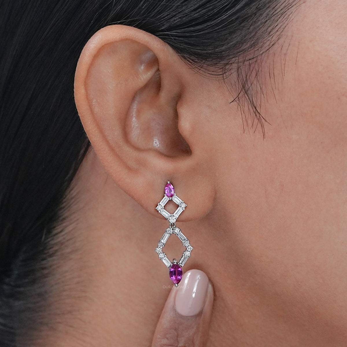 Pink Gemstone And Diamond Drop Dangle Earrings