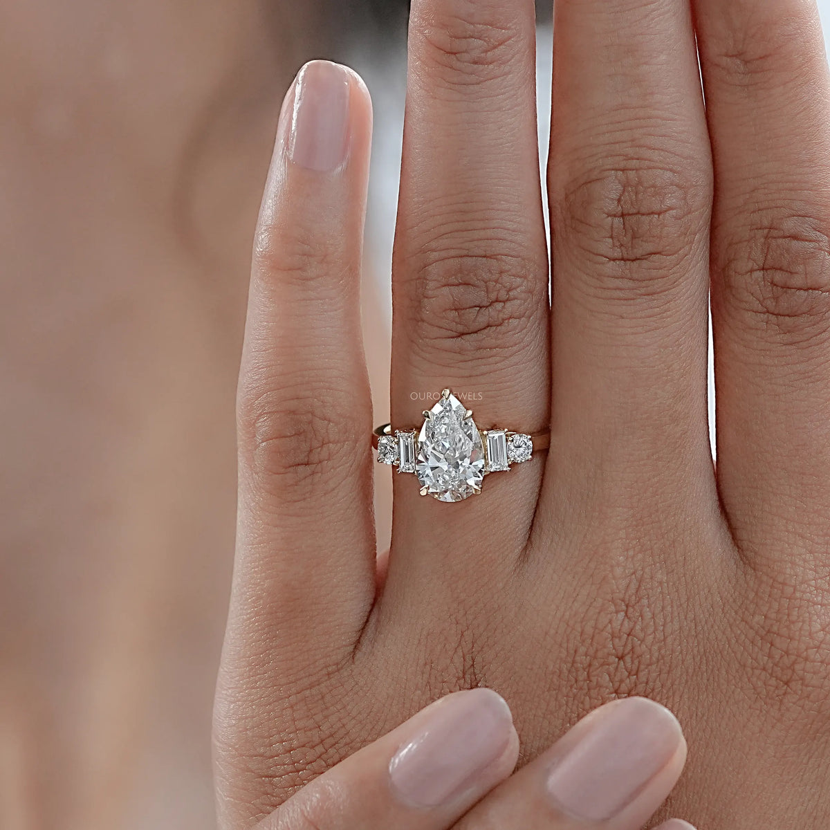 Pear And Baguette Diamond Five Stone Engagement Ring Rings