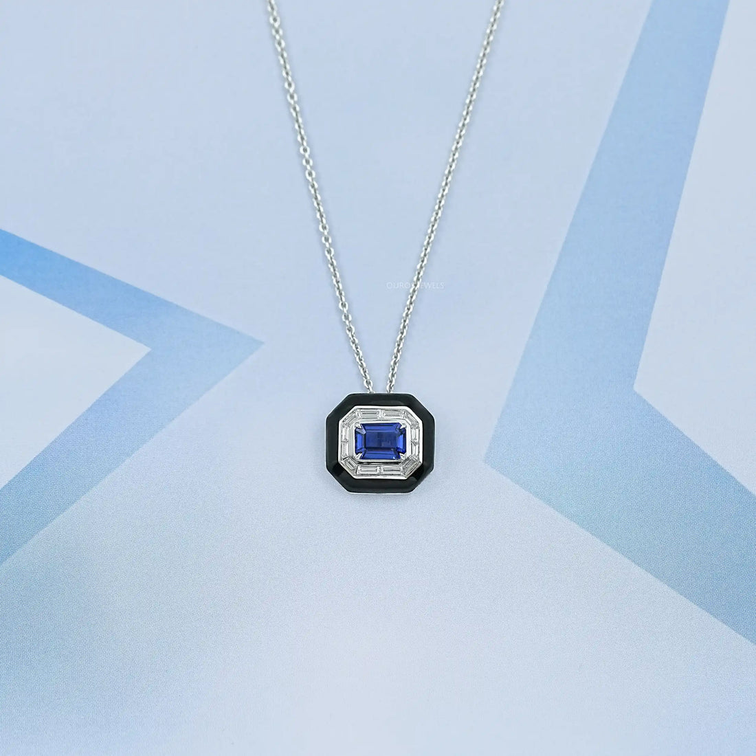 Enamel And Sapphire Gemstone Halo Pendant Necklaces