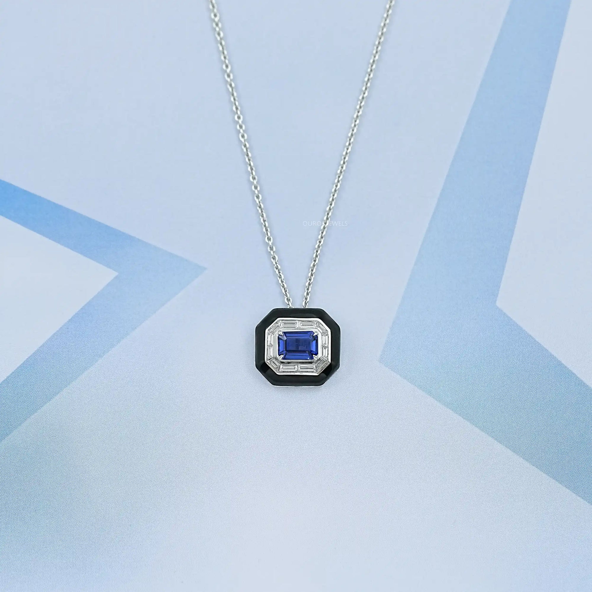 Enamel And Sapphire Gemstone Halo Pendant Necklaces
