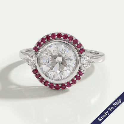 Bezel OEC Round Cut And Pink Sapphire Halo Engagement Ring