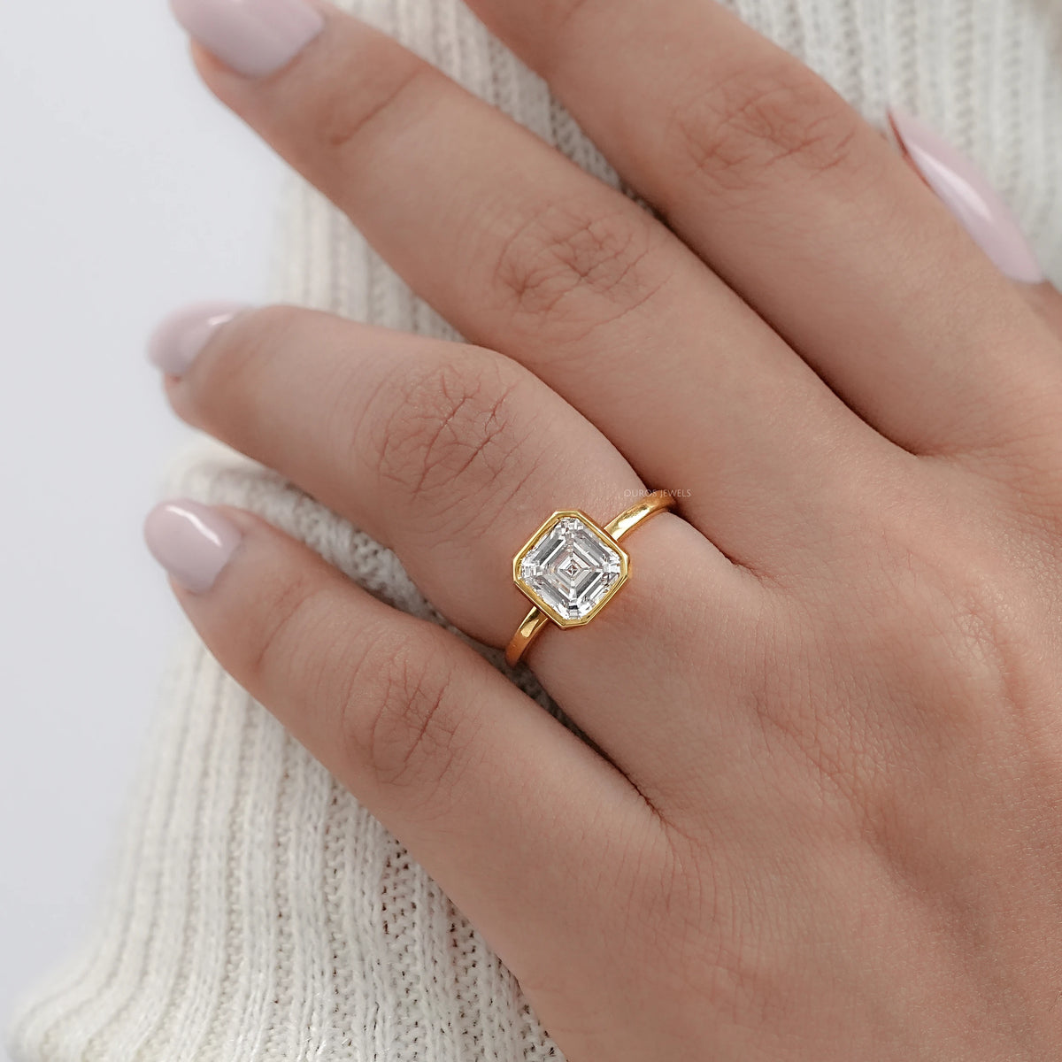 Asscher Lab Diamond Bezel Set Solitaire Ring Rings