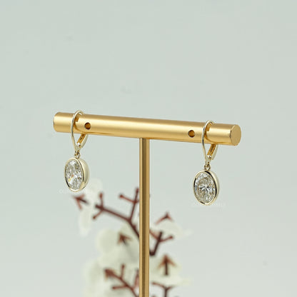 Oval Diamond Bezel Set Drop Hoop Earrings Earrings